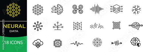 Neural Data Icons Set — Neural Network Connections, Brain Data, AI Analytics Line Vector

