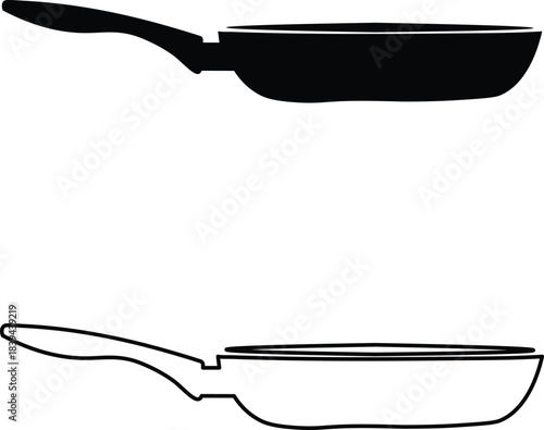 Frying pan silhouette and outline icons for kitchen utensils Vector