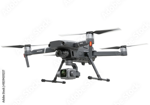 Gray professional camera drone with four propellers, isolated on transparent background