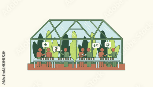 A shared community greenhouse bustling with activity as neighbors cultivate seedlings and exchange gardening tips amidst lush greenery.