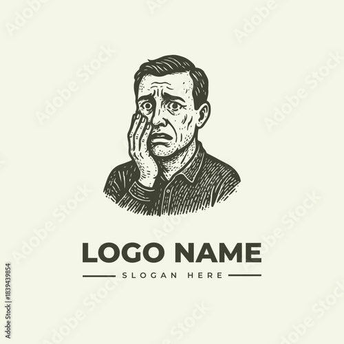 Vintage man in distress vector logo illustration, an expressive engraving depicting worry.