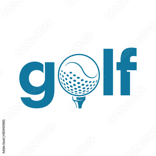 Teal golf ball on tee integrated into the word golf sport game