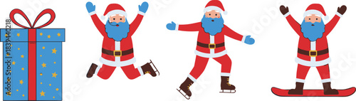 Christmas Santa character vector set featuring blue-bearded Santa skating, jumping, snowboarding and festive holiday gift box illustration