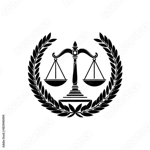 Scales of Justice emblem with laurel wreath. Legal system, law, balance, equality concept. Court, lawyer, attorney graphic icon.