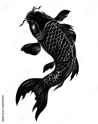 Stylized Black Koi Fish Illustration in Traditional Japanese Art Style. Elegant Oriental Tattoo Design Element on White Background.