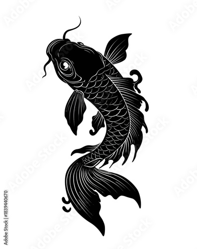 Detailed Black Koi Fish Vector Illustration. Traditional Japanese Style Asian Aquatic Art. Elegant Swimming Carp Design.