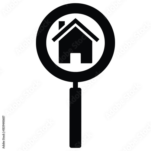 Real Estate Search Clipart – Magnifying Glass with House Silhouette Icon for Property & Home Designs