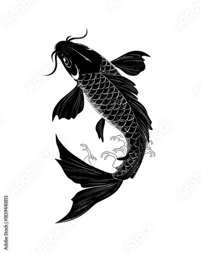 Black Koi Fish Illustration Art. Detailed Asian Carp Design for Tattoo, Symbolism, and Traditional Elegance