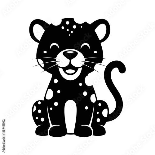 Cute leopard cartoon character sitting on rock silhouette, vector art