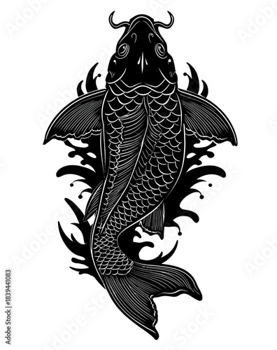 Detailed Black and White Stylized Koi Fish Illustration. Traditional Japanese Tattoo Art Design, Ornamental Asian Fish Graphic Element.