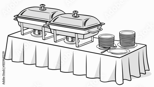 “Luxury catering table setup with polished chafing dishes, premium stainless textures, elegant soft shadows, HD clean vector.”