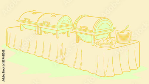 “Luxury catering table setup with polished chafing dishes, premium stainless textures, elegant soft shadows, HD clean vector.”