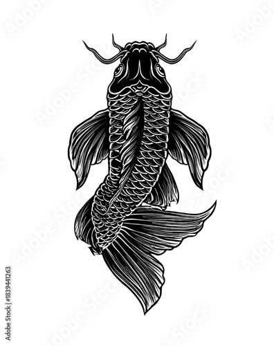 Stylized black and white illustration of a traditional Japanese Koi fish or carp, elegant swimming, isolated on white background