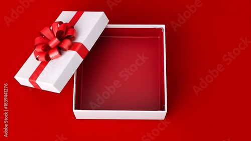 Opened gift box with ribbon on red background