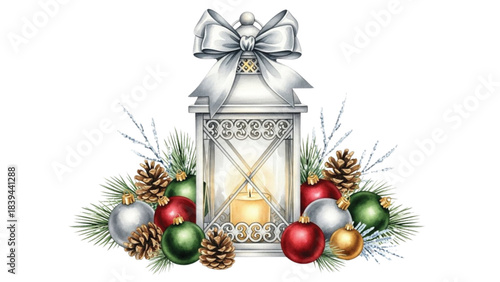 Christmas Lantern with Red Green Gold Ornaments and Pinecones Watercolor Illustration