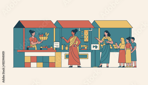 A vibrant market scene featuring women as entrepreneurs managing their own businesses challenging traditional roles.
