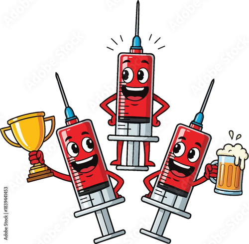 Playful cartoon illustration of three smiling anthropomorphic syringe characters celebrating with trophy and beer on white background