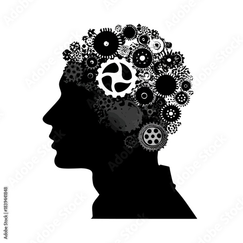 Human Head Silhouette with Gears and Cogs, Symbolizing Intelligence, Complex Thinking, Problem Solving, and Mental Processes