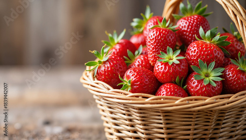 Fresh strawberries in a woven basket on rustic wooden table. Delicious strawberries are gathered in a basket, showcasing their vibrant red color and green leaves.