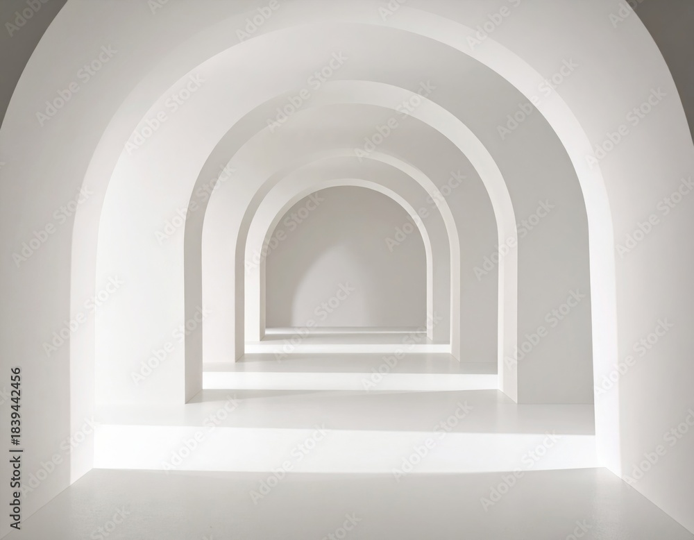 Fototapeta premium Endless White Arches Hallway Perspective Symmetry Bright Lighting Minimalist Architecture