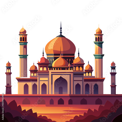 Vector illustration of the Taj Mahal in Agra, India, showcasing the iconic mosque architecture, dome, and minaret