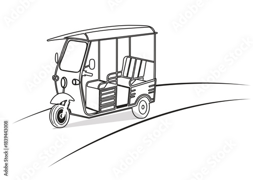 Clean line art illustration of a CNG auto rickshaw front view.
Minimal vector drawing ideal for transport design, city mobility projects, or automotive concept artworks.