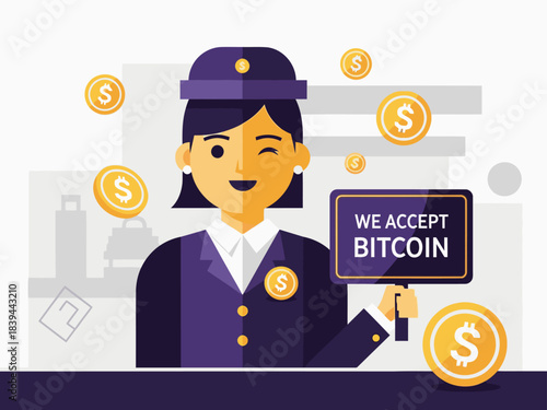 friendly flight attendant accepts Bitcoin showcasing a modern open-minded airline The graphic design features coins and a clear -We Accept Bitcoin- message Bright professional and forward-thinking