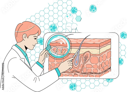 A dermatologist examines skin with a Derma Scan, highlighting skin layers. Professional setting, detailed illustration, modern medical concept.