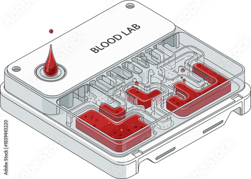 A futuristic blood lab device analyzes blood samples. The transparent design reveals intricate channels and red fluid. Modern, clinical, and visually striking.