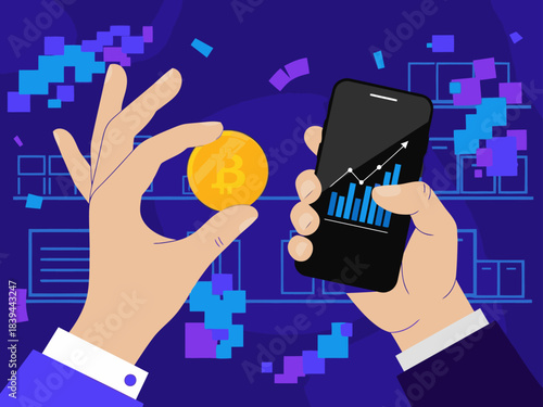 hand holds a Bitcoin coin displayed on a smartphone screen showing a rising graph A professional hand gestures towards the digital currency symbolizing financial success Modern vibrant and dynamic