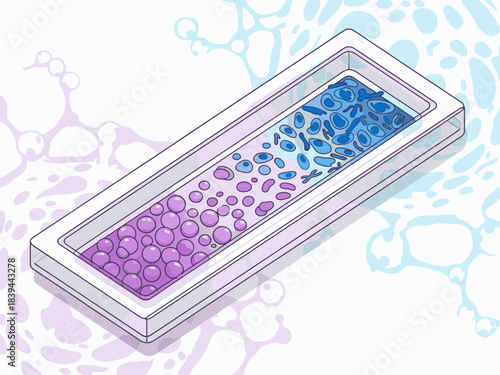 Microscopic view of stem cells in a culture dish. Purple and blue cell clusters highlight differentiation. Clear, scientific illustration for research and education.