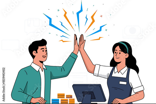 Two professionals celebrate a deal with a high-five, surrounded by business icons. Modern, vibrant illustration. ?Deal Is Done? text overlay.