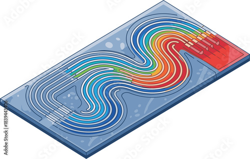 vibrant stylized PCR chip illustration showcases advanced DNA analysis technology The colorful channels highlight the chip's intricate design perfect for scientific biotech or technology visuals