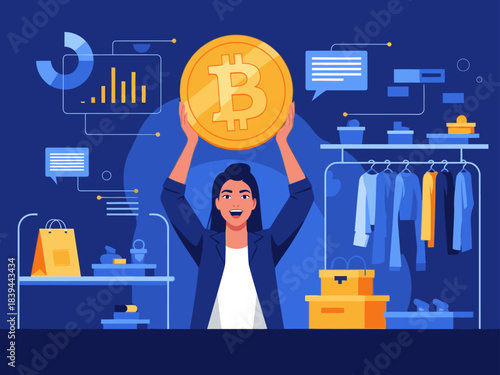 A smiling woman holds a Bitcoin coin, showcasing its potential in retail.  Modern illustration with clothing, shopping bags, and charts.  Bright, clean design for commercial use.