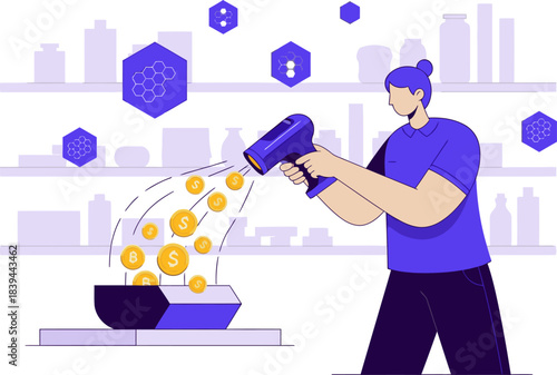 A woman scans coins into a box, earning money. A modern, stylized illustration showcases a ?Scan and Earn? concept with vibrant colors and a clean design. Great for digital marketing.