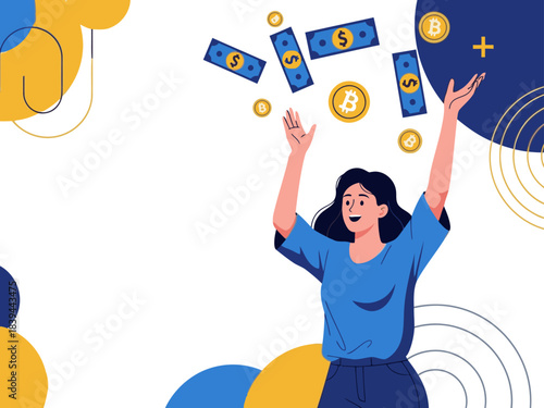 A smiling young woman throws money into the air, symbolizing wealth and success. Background features currency and a modern, abstract design. Ideal for finance, business, and lifestyle visuals.