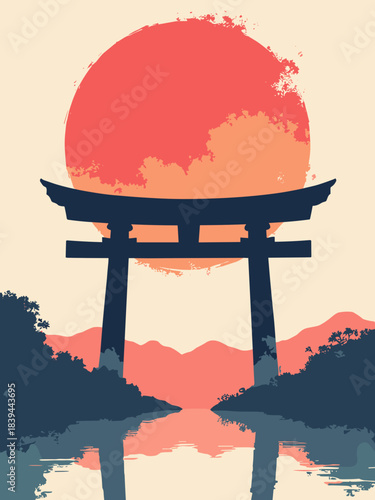 Torii gate entrance, tall imposing black silhouette centered against a massive red sun, vertical orientation, spiritual minimalist art, flat vector, white background, 9:16 aspect ratio