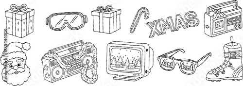 Retro 90s Christmas doodle vector icons set, black and white lineart style, with Santa Claus, boombox, gifts, ski goggles, and holiday elements