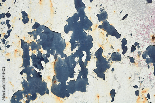 A close-up, full-frame abstract background of peeling white paint flaking away from the underlying dark blue and severely rusted metal surface
