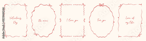 Hand drawn vintage Valentine's day frames with coquette lines and bows. Vector holiday borders for poster, card, invitation.