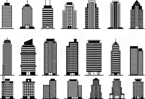 Extensive Collection of Twenty-Four Different Skyscraper and High-Rise Building Icons, Featuring Black and White Corporate Office Towers and Urban Architecture Vectors.