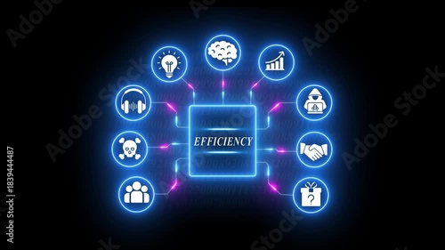 Digital network of efficiency icons with glowing neon blue lights on a dark background business technology