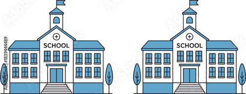 Vector Illustration of Two Traditional School Buildings with Front Steps, Flagpoles, and Classic Architecture in a Minimalist Blue Line Art Style.
