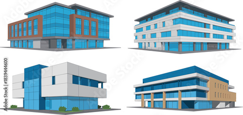 Architectural Vector Pack of Four Contemporary Business and Corporate Office Buildings with Blue Glass Windows and Modern Professional Design Elements.
