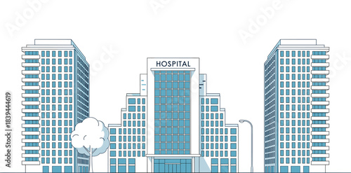 Minimalist Line Art Vector Illustration of Large Modern Hospital Building Flanked by Two Residential or Corporate Towers in Cityscape.
