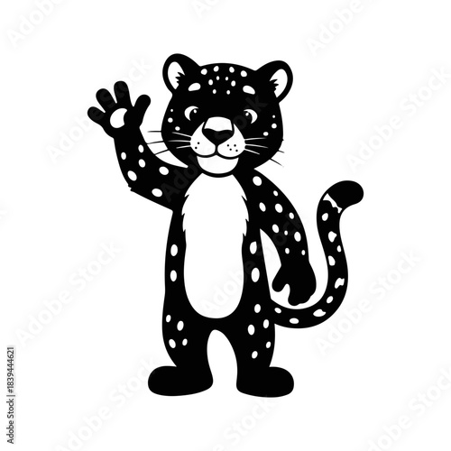 Cute leopard cartoon character waving hand silhouette, vector art
