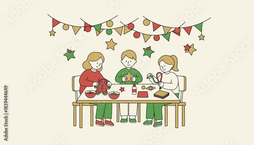 A festive classroom decorated for a holiday celebration with children decorating cookies and making crafts together.