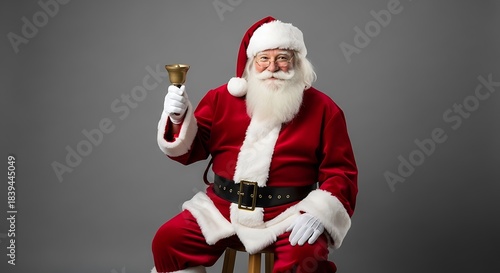 Santa Claus sitting on a stool holding a golden bell.