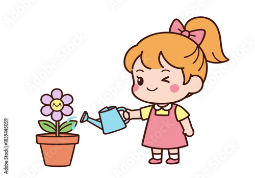 A cute cartoon girl with a pink bow watering a potted purple flower with a blue watering can.