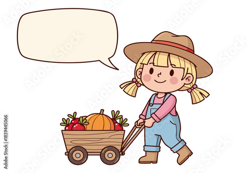 A cute cartoon girl farmer pulling a wooden cart filled with fresh harvest vegetables and fruits with a speech bubble.